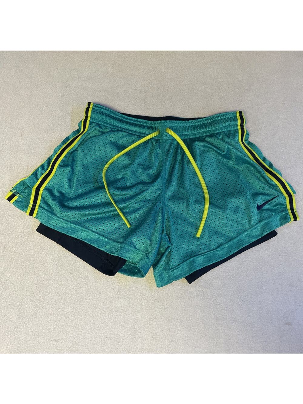 Nike Pro Double Up 2-In-1 Mesh Training Shorts Teal Blue Volt Yellow Size Small